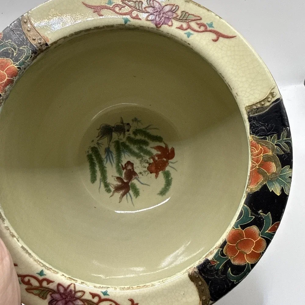 Vintage Satsuma Style Porcelain Fishbowl Planter Gold Trim5